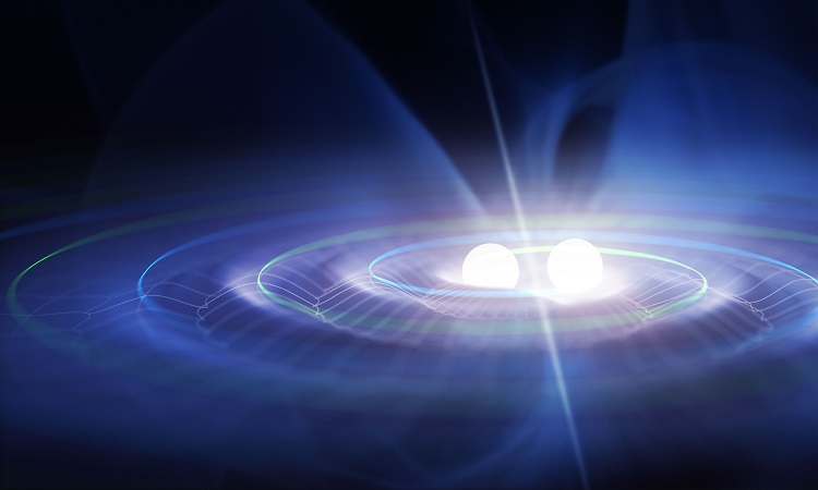 Ilustração de um sistema binário produzindo ondas gravitacionais