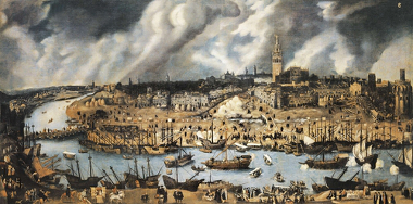Acima, o porto de Sevilla, na Espanha. Importante centro da administração colonial espanhola