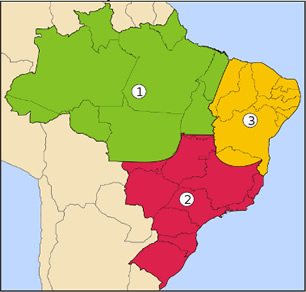 Mapa das três regiões geoeconômicas do Brasil. 1: Amazônia; 2: Centro-Sul; 3: Nordeste. ¹