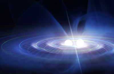 Ilustração de um sistema binário produzindo ondas gravitacionais