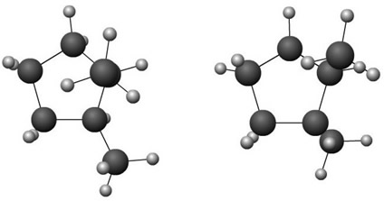 Modelo das moléculas dos isômeros cis-1,2-dimetilciclopentano e trans-1,2-dimetilciclopentano