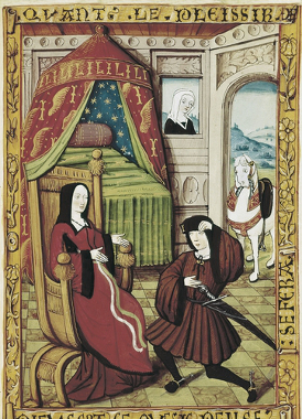 Um cavaleiro medieval visitando uma nobre dama