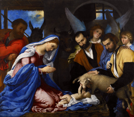 Tela de Lorenzo Lotto (1480-1556), Adoração dos Pastores, representando o nascimento de Jesus.