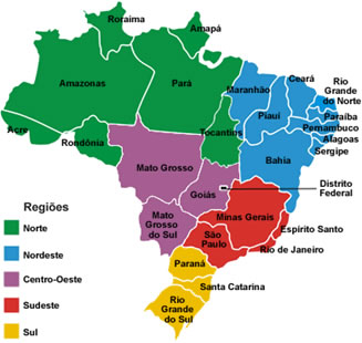 A configuração das cinco regiões brasileiras.