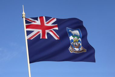 Bandeira das Ilhas Malvinas, com o símbolo do Reino Unido na parte superior esquerda
