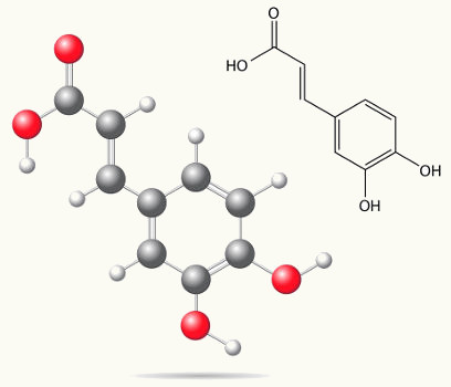 Estrutura do ácido cafeico, que apresenta isomeria do tipo E-Z