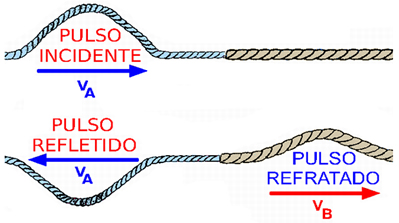 Pulso se propagando da corda fina para a corda mais grossa