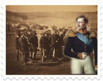 Guerra da Crimeia: ao fundo, oficiais ingleses; e à direita, o Imperador russo Nicolau I