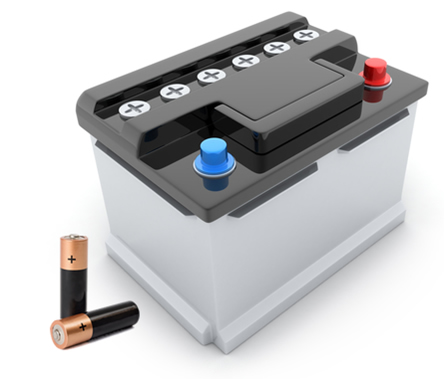 Imagem de pilhas comuns e uma bateria de chumbo usada em automóveis