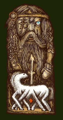 A ilustração representa Odin, caracterizado pelos detalhes do olho arrancado, da lança e do cavalo