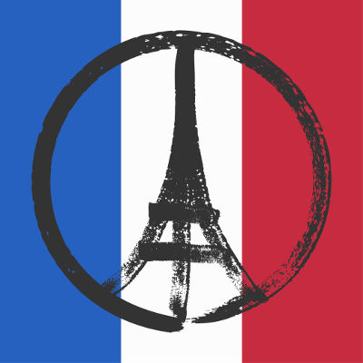 Símbolo de paz, feito a partir do desenho da Torre Eiffel, posto sobre a bandeira francesa