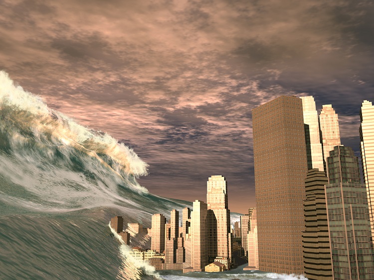 Representação de tsunami, um efeito provocado pelo maremoto.