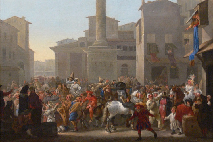 Tela de Johannes Lingelbach (1622-1674), Carnaval em Roma, que mostra um carnaval da commedia dell'arte